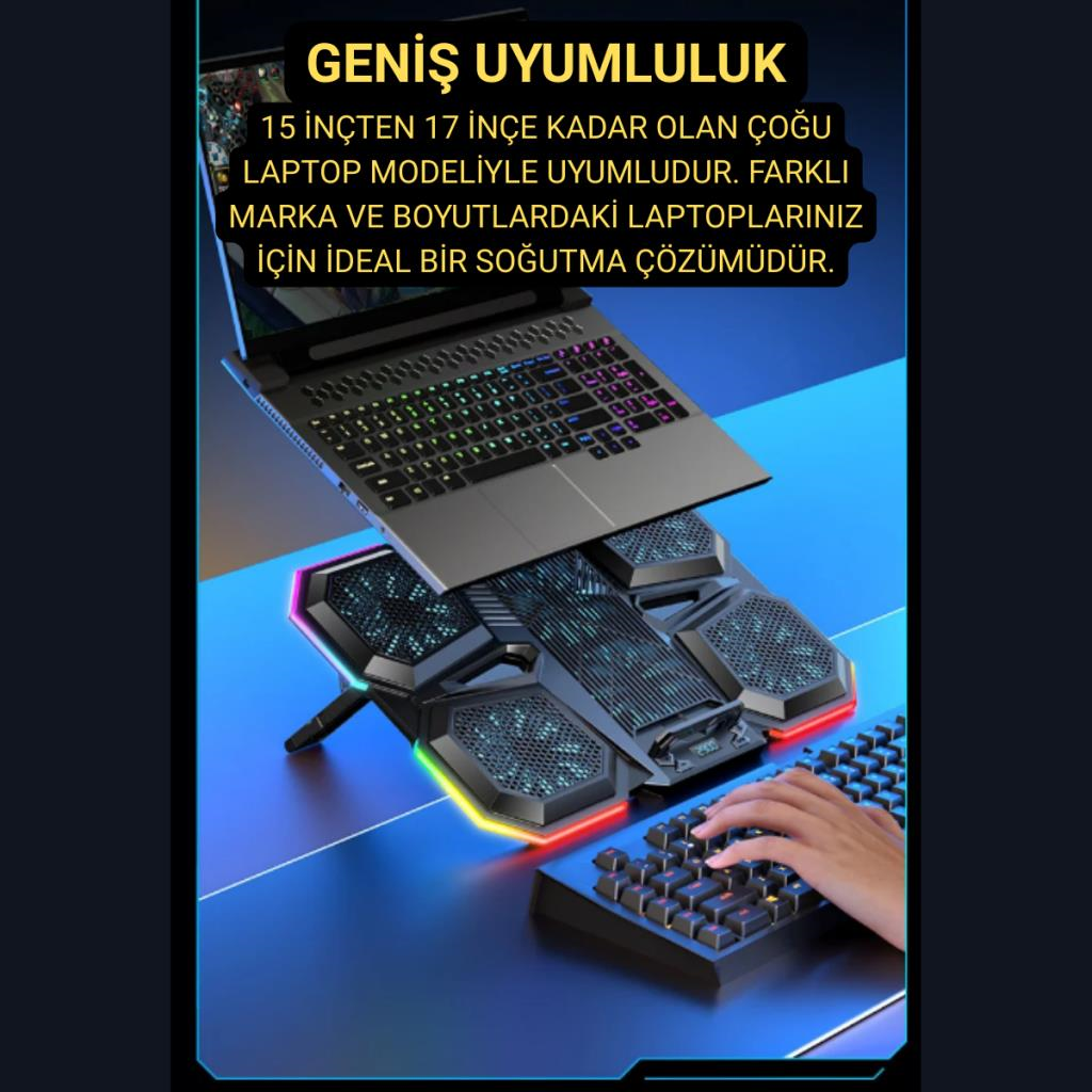 Polham 6 Fanlı RGB Işıklı Laptop Soğutucu Stand, 7 Kademeli Yükseklik Ayarlı 2400RPM Süper Soğutucu Stand