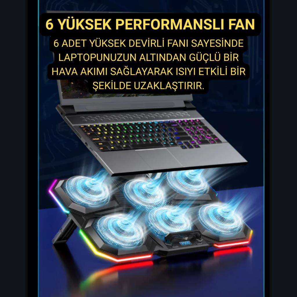Polham 6 Fanlı RGB Işıklı Laptop Soğutucu Stand, 7 Kademeli Yükseklik Ayarlı 2400RPM Süper Soğutucu Stand
