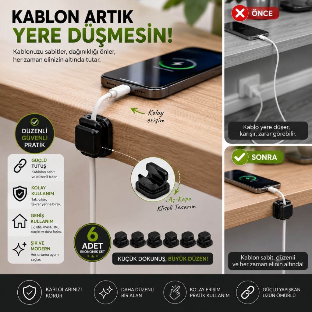 Polham 6’lı Set Klipsli Kablo Tutucu – Yapışkanlı Masaüstü Kablo Düzenleyici, Şarj USB Mouse Kulaklık Kablo Sabitleyici