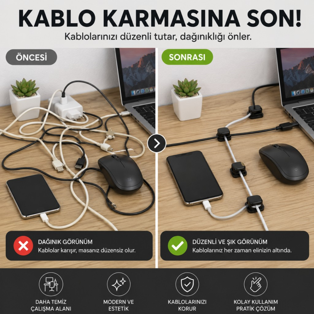 Polham 6’lı Set Klipsli Kablo Tutucu – Yapışkanlı Masaüstü Kablo Düzenleyici, Şarj USB Mouse Kulaklık Kablo Sabitleyici