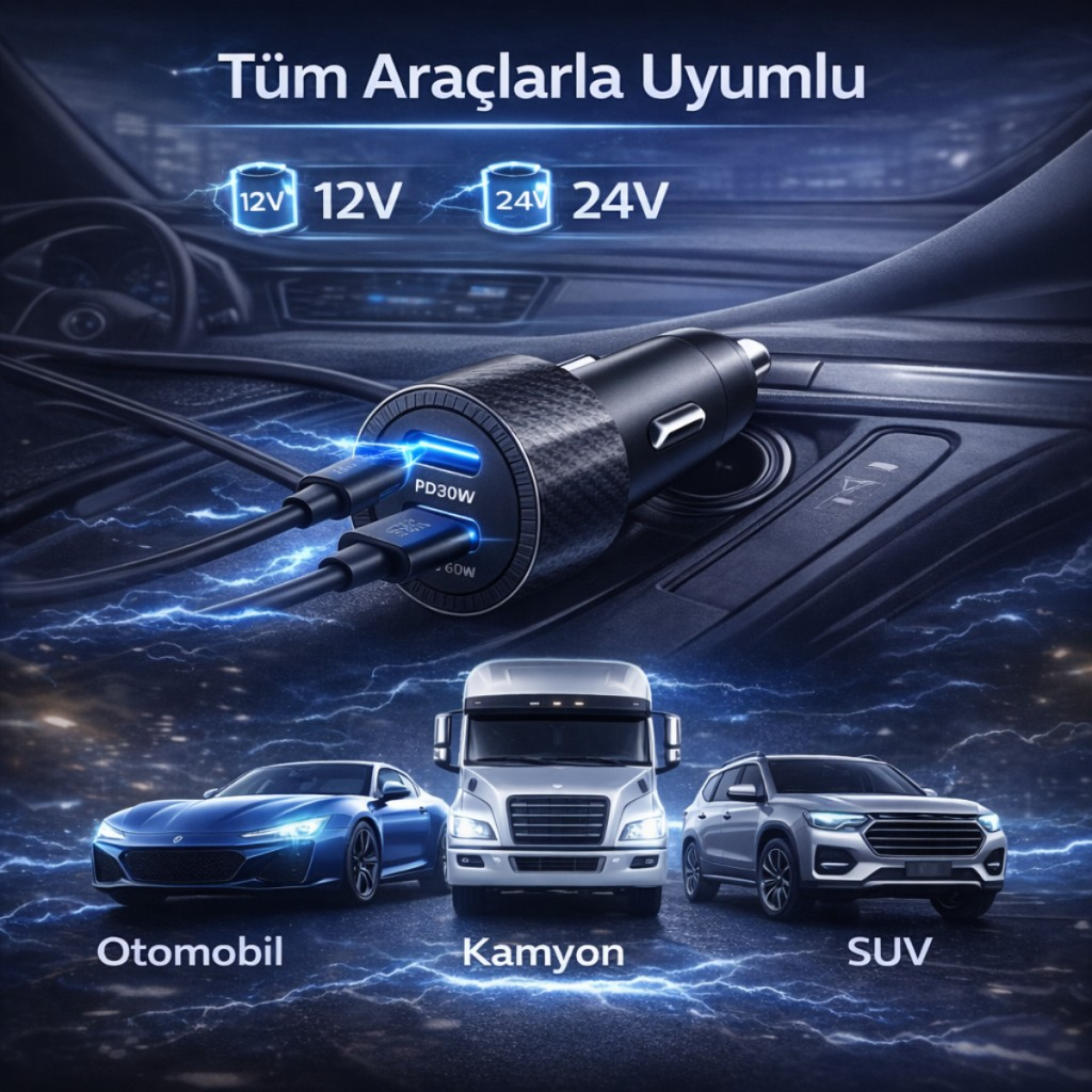 Polham 60W PD Hızlı Araç Şarj Cihazı – 2x Type-C Çıkışlı 12V / 24V Uyumlu Araç Çakmaklık Şarj Adaptörü