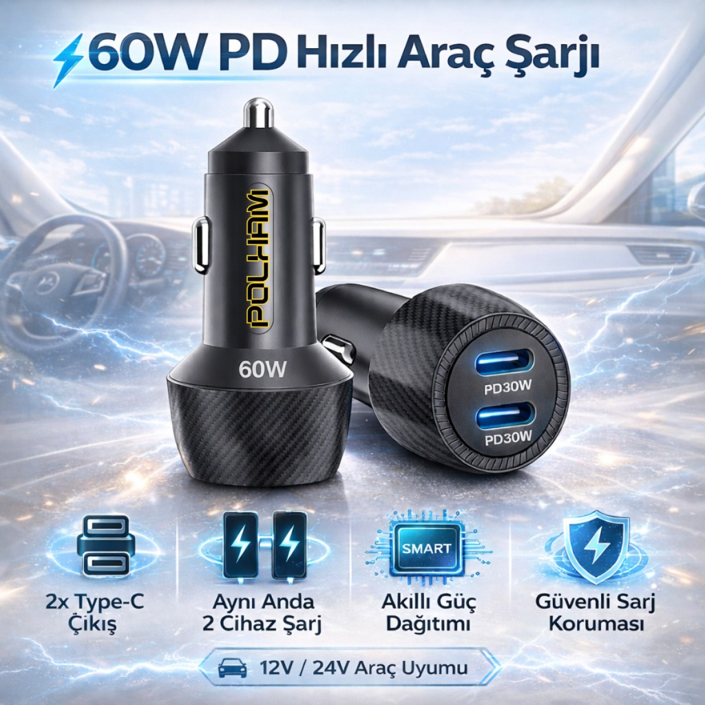 Polham 60W PD Hızlı Araç Şarj Cihazı – 2x Type-C Çıkışlı 12V / 24V Uyumlu Araç Çakmaklık Şarj Adaptörü