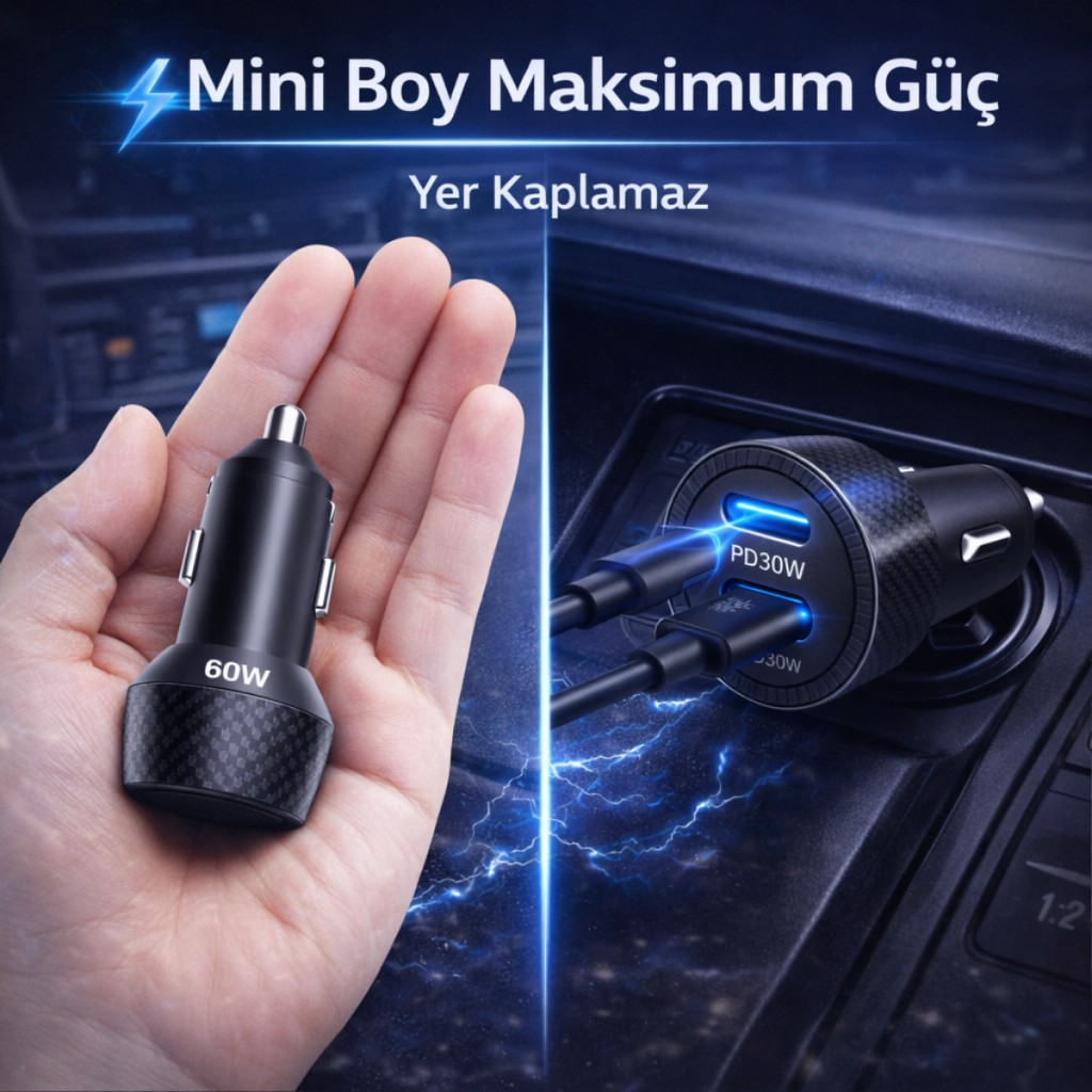 Polham 60W PD Hızlı Araç Şarj Cihazı – 2x Type-C Çıkışlı 12V / 24V Uyumlu Araç Çakmaklık Şarj Adaptörü