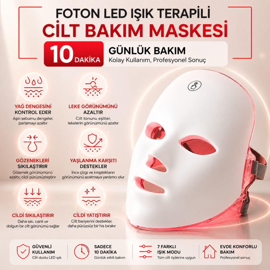 Polham 7 Renk LED Işık Teknolojili Yüz Bakım Maskesi Dokunmatik Kontrollü Evde Cilt Bakım Cihazı