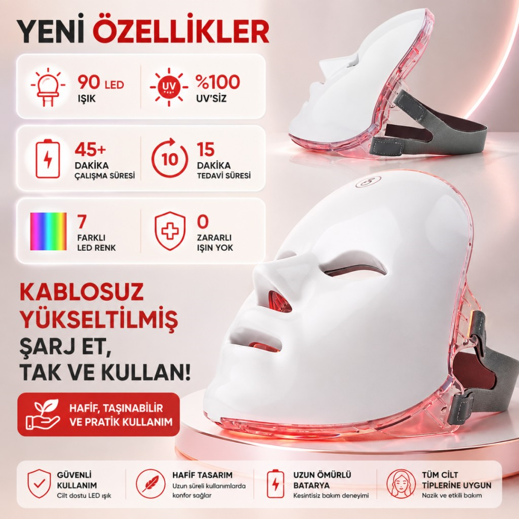 Polham 7 Renk LED Işık Teknolojili Yüz Bakım Maskesi Dokunmatik Kontrollü Evde Cilt Bakım Cihazı