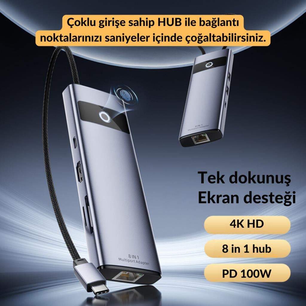Polham 8in1 100W Type C Çoğaltıcı Hub, 2x USB, 2x PD Type C, 1x TF/SD, 1x 4K HDMİ, 1x RJ45 Çoğaltıcı Adaptör
