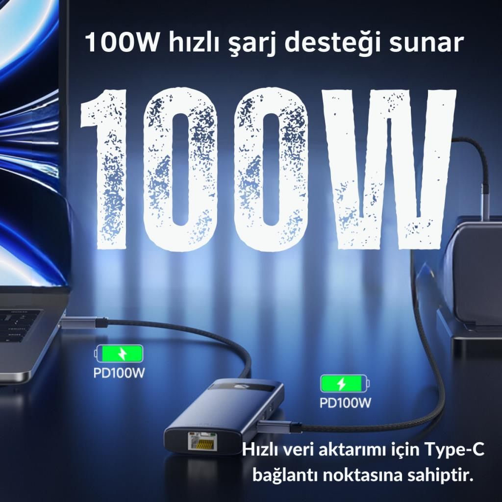 Polham 8in1 100W Type C Çoğaltıcı Hub, 2x USB, 2x PD Type C, 1x TF/SD, 1x 4K HDMİ, 1x RJ45 Çoğaltıcı Adaptör