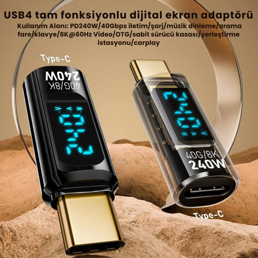 Polham 8K HDMİ, 40Gpbs ve 240W Süper Hızlı Dişi Type C to Erkek Type C Şarj, Data ve HDMİ Çevirici Adaptör