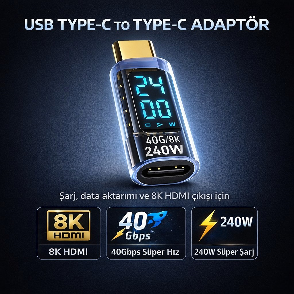 Polham 8K HDMİ, 40Gpbs ve 240W Süper Hızlı Dişi Type C to Erkek Type C Şarj, Data ve HDMİ Çevirici Adaptör