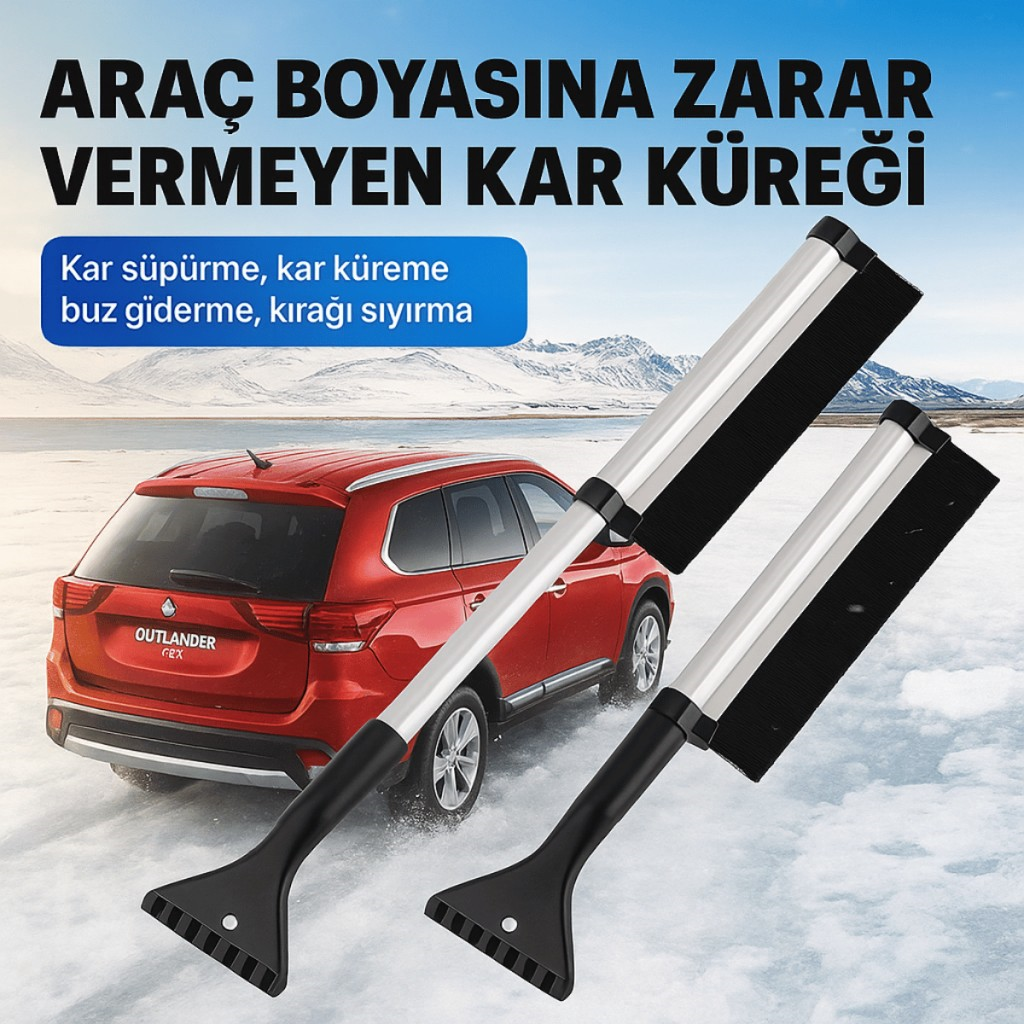 Polham Alüminyum 2in1 65 CM Uzayabilen Teleskopik Kar ve Buz Fırçası Kar Temizleme Fırçası + Buz Kazıyıcı