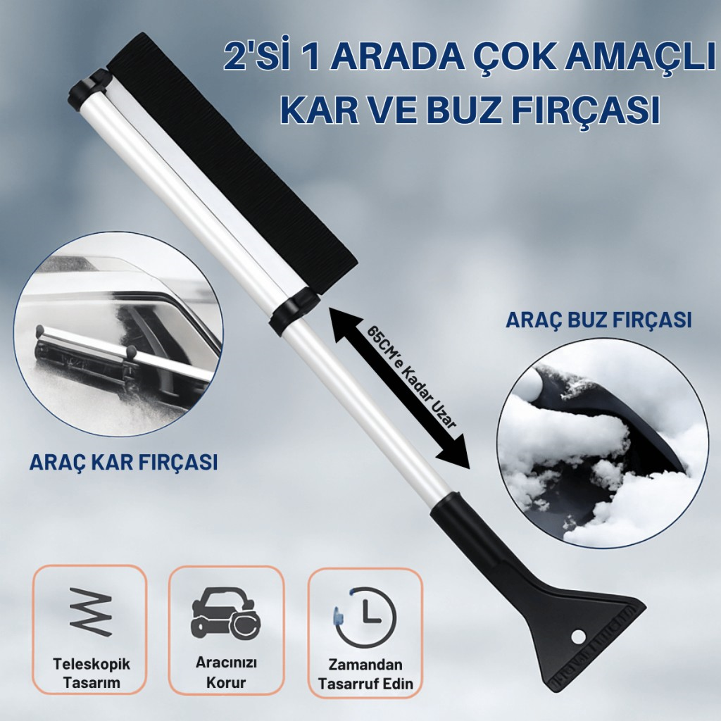 Polham Alüminyum 2in1 65 CM Uzayabilen Teleskopik Kar ve Buz Fırçası Kar Temizleme Fırçası + Buz Kazıyıcı
