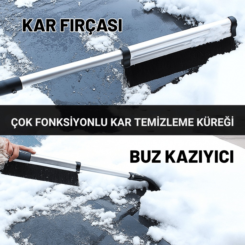 Polham Alüminyum 2in1 65 CM Uzayabilen Teleskopik Kar ve Buz Fırçası Kar Temizleme Fırçası + Buz Kazıyıcı