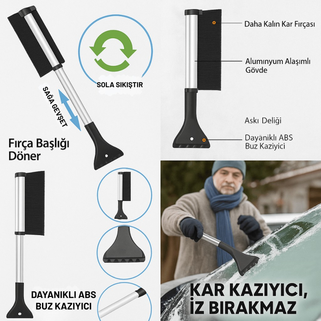 Polham Alüminyum 2in1 65 CM Uzayabilen Teleskopik Kar ve Buz Fırçası Kar Temizleme Fırçası + Buz Kazıyıcı