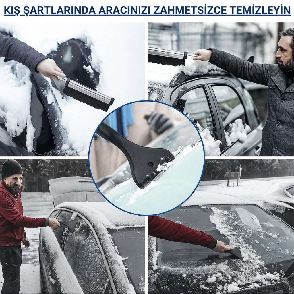 Polham Alüminyum 2in1 65 CM Uzayabilen Teleskopik Kar ve Buz Fırçası Kar Temizleme Fırçası + Buz Kazıyıcı