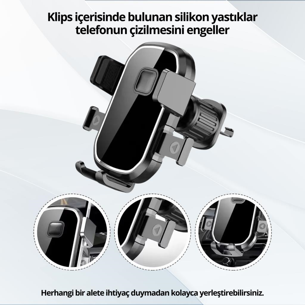 Polham Araç İçi Klipsli Havalandırma Girişli Telefon Tutucu, Üçgen Tasarımlı Kilit Sistemli Titremez Tutucu