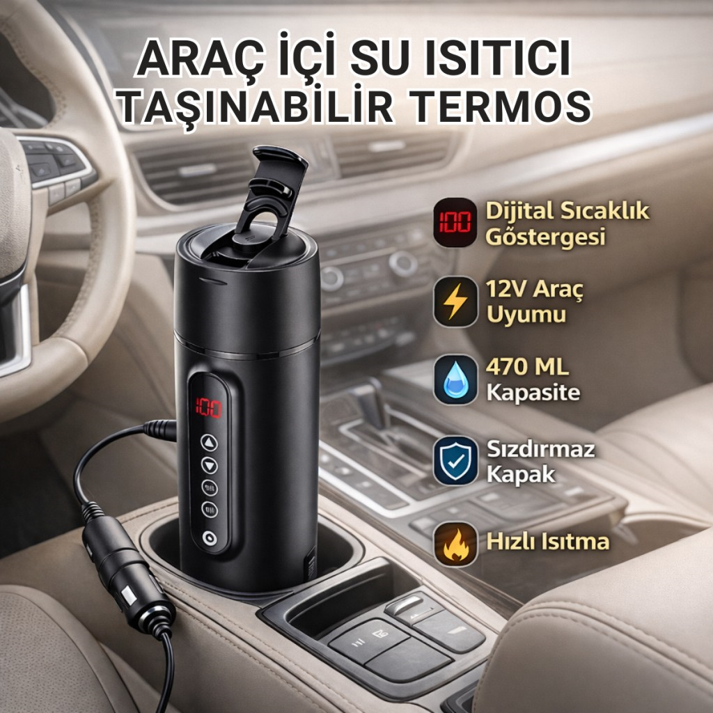 Polham Araç İçi Su Isıtıcı 470 ML – Dijital Sıcaklık Göstergeli Taşınabilir Termos | 12V Çakmaklık Uyumlu, Hızlı Isıtma, Sızdırmaz Kapak