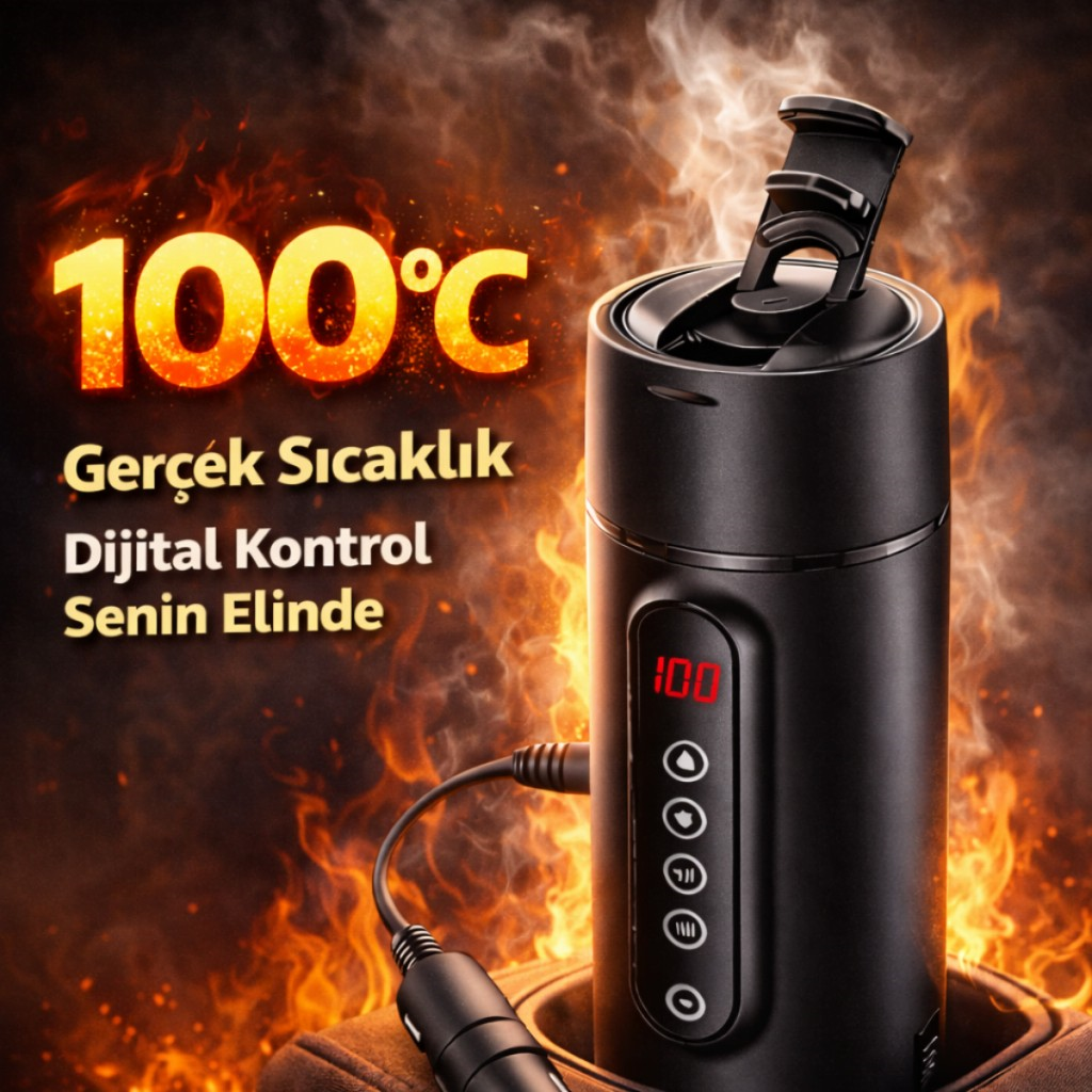 Polham Araç İçi Su Isıtıcı 470 ML – Dijital Sıcaklık Göstergeli Taşınabilir Termos | 12V Çakmaklık Uyumlu, Hızlı Isıtma, Sızdırmaz Kapak