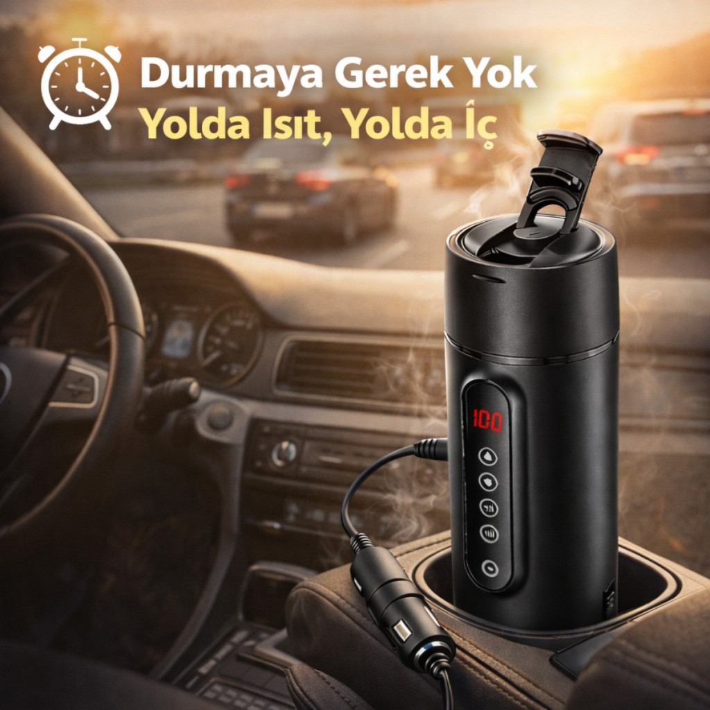 Polham Araç İçi Su Isıtıcı 470 ML – Dijital Sıcaklık Göstergeli Taşınabilir Termos | 12V Çakmaklık Uyumlu, Hızlı Isıtma, Sızdırmaz Kapak