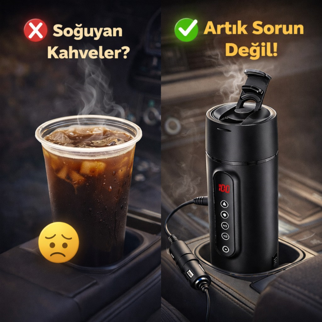 Polham Araç İçi Su Isıtıcı 470 ML – Dijital Sıcaklık Göstergeli Taşınabilir Termos | 12V Çakmaklık Uyumlu, Hızlı Isıtma, Sızdırmaz Kapak