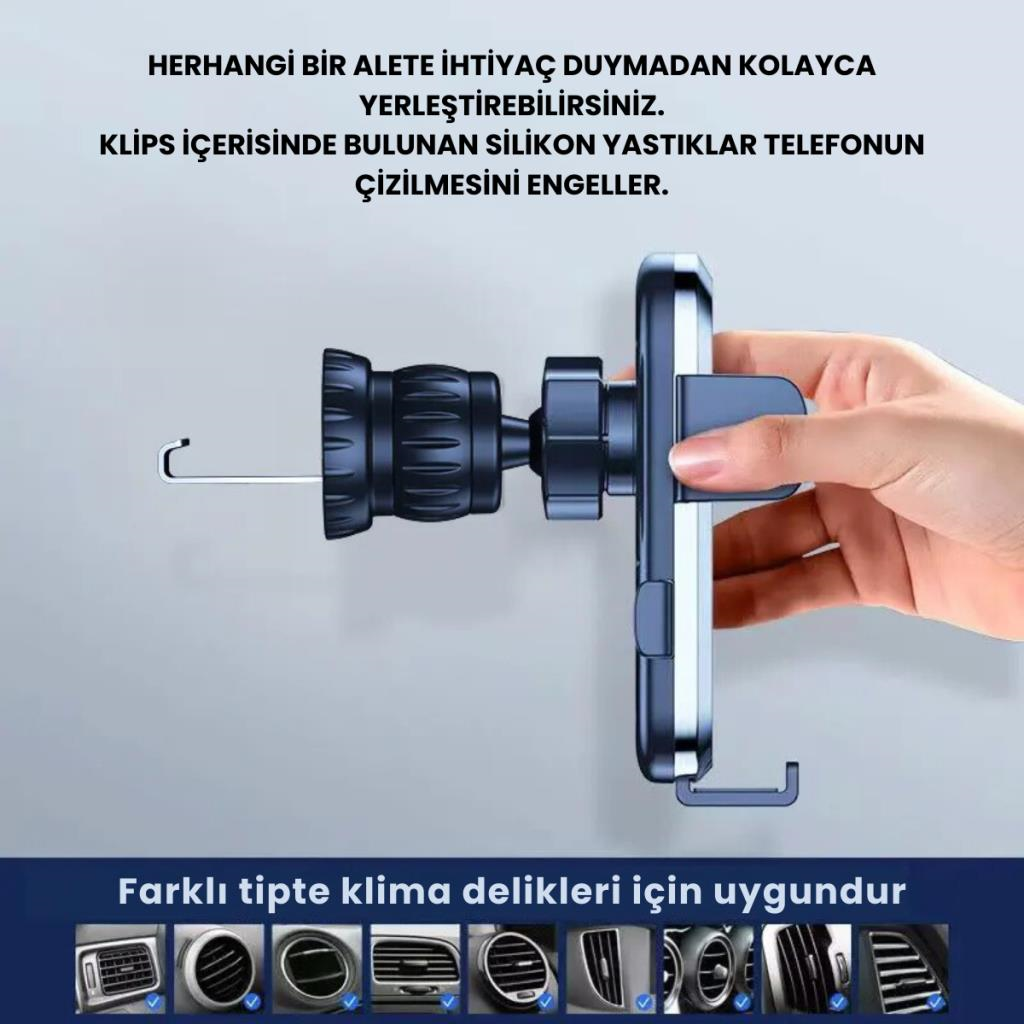 Polham Araç İçi V Tipi Klipsli Havalandırma Girişli Telefon Tutucu, Kilit Sistemli Titremez Tutucu