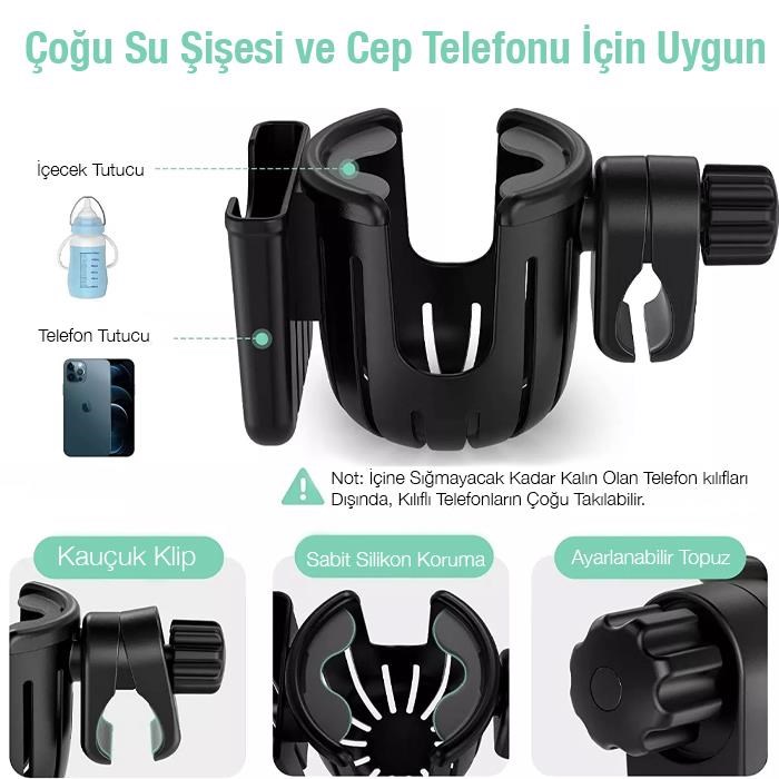 Polham Bebek Arabası için Telefon ve Bardak, Biberon Tutucu, Gidon Uyumlu Telefon ve Bardak Tutucu
