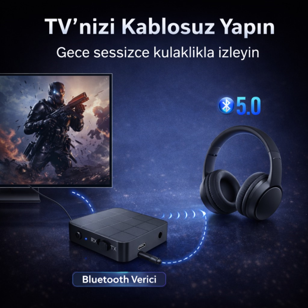 Polham Bluetooth 5.0 Ses Alıcı ve Verici RX/TX | TV İçin Kablosuz Kulaklık Adaptörü | 3.5mm & RCA Destekli