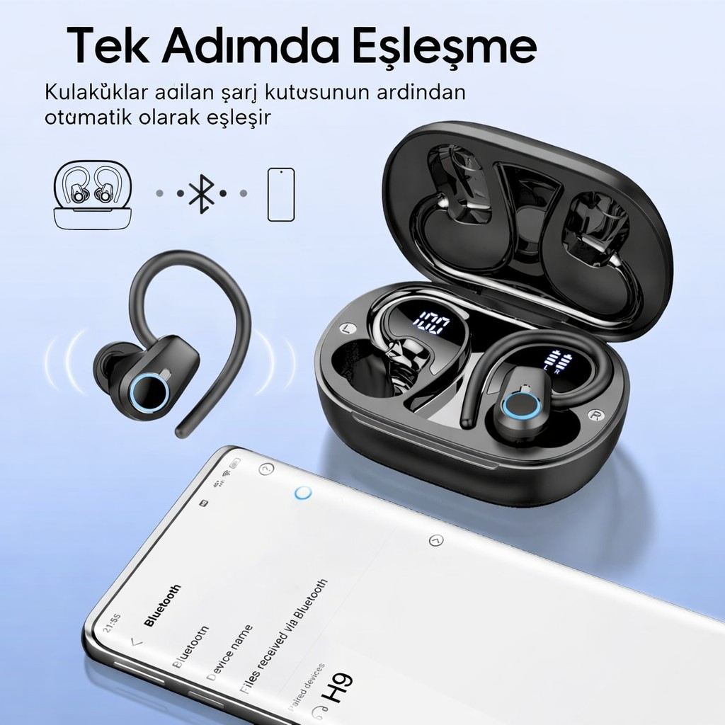 Polham BT5.4 Kancalı Mikrofonlu Bluetooth Kulaklık 500mAh Şarj Kutulu Dijital Göstergeli Spor Kulaklık