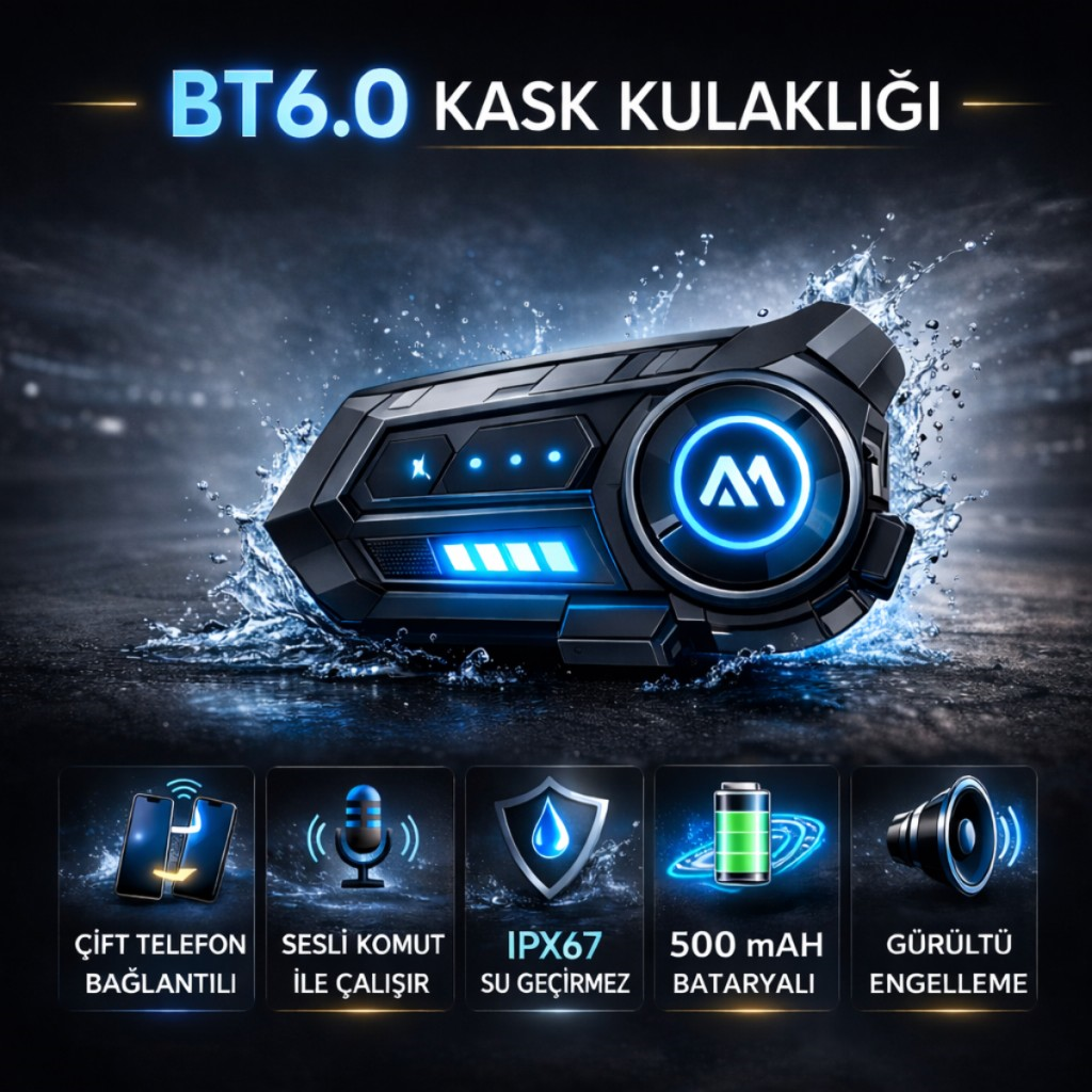 Polham BT6.0 Intercom Kask Kulaklık – IPX67 Su Geçirmez, Gürültü Engelleme, Çift Telefon Destekli, 500Mah Şarjlı