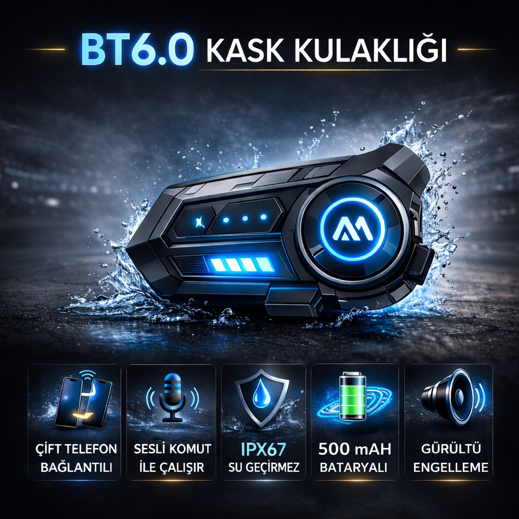 Polham BT6.0 Intercom Kask Kulaklık – IPX67 Su Geçirmez, Gürültü Engelleme, Çift Telefon Destekli, 500Mah Şarjlı