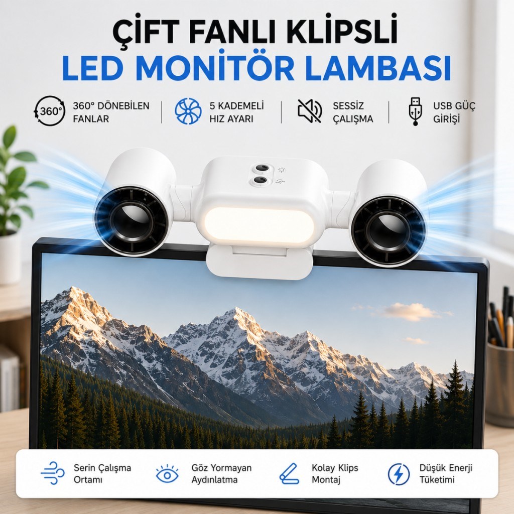 Polham Çift Fanlı Klipsli LED Monitör Lambası – 360° Dönebilen Fan, 5 Kademe Hız, Sessiz Çalışma, USB