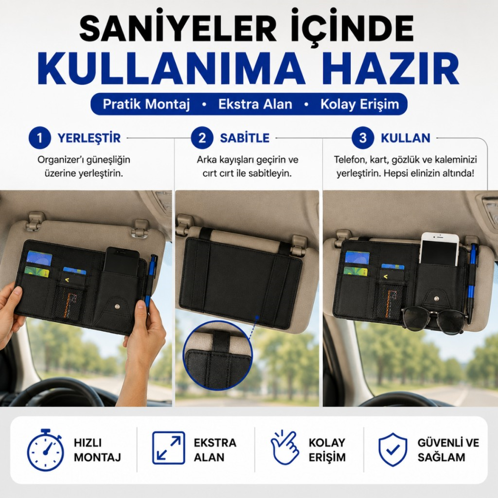 Polham Çok Fonksiyonlu Araç Güneşlik Cüzdanı Organizer – Telefon, Kart, Gözlük ve Kalem Bölmeli Organizer