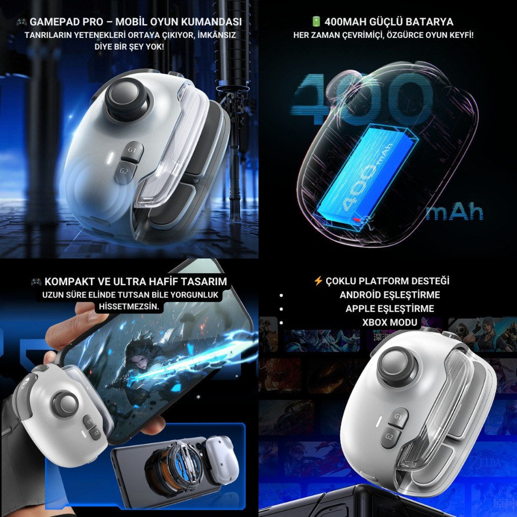 Polham iOS & Android Uyumlu Type-C Mobil Oyun Kolu | Pro Joystick | 400mAh Bataryalı Gamepad, Tak Çalıştır
