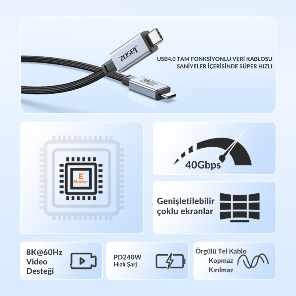 Polham Jasoz 1MT 240W 4.0 Thunderbolt Type-C to Type-C Şarj, Data ve 8K 60Hz Görüntü Aktarım Kablosu