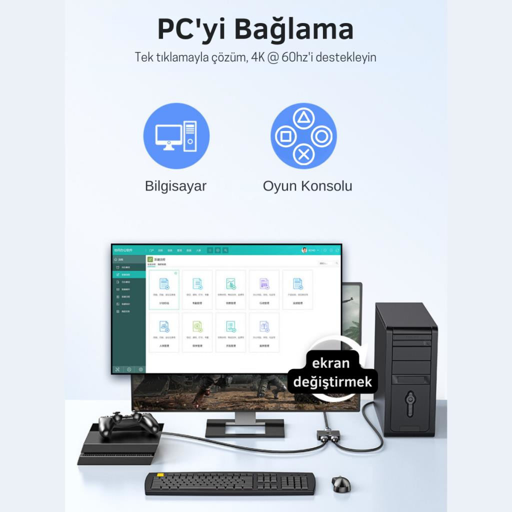 Polham Jazos 2in1 Çift Yönlü HDMI Switch Adaptör, 4K 60Hz, Çift Ekran Bağlantılı Çevirici, TV,PC,Projektör