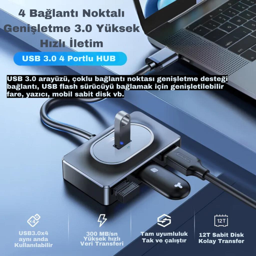 Polham Jazos 4in1 Type C to 4x USB 3.0 Çoğaltıcı Hup Adaptör, Klavye, Mouse, Yazıcı, USB Okuyucu