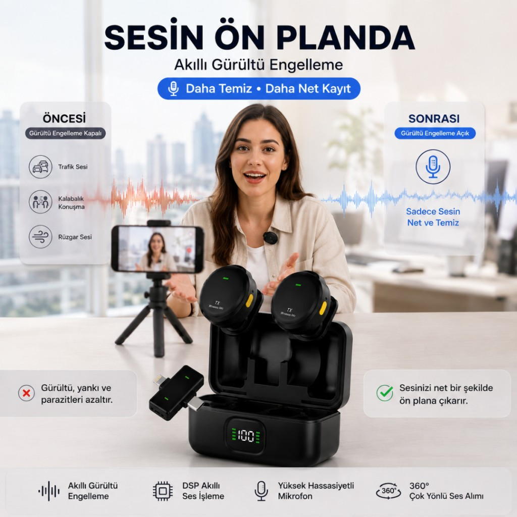 Polham Kablosuz Yaka Mikrofonu | 2.4GHz Gürültü Engelleme | 100 Metre Çekim | Şarj Kutulu | Type-C & Lightning