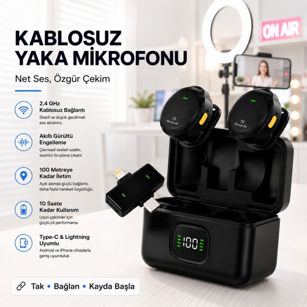 Polham Kablosuz Yaka Mikrofonu | 2.4GHz Gürültü Engelleme | 100 Metre Çekim | Şarj Kutulu | Type-C & Lightning