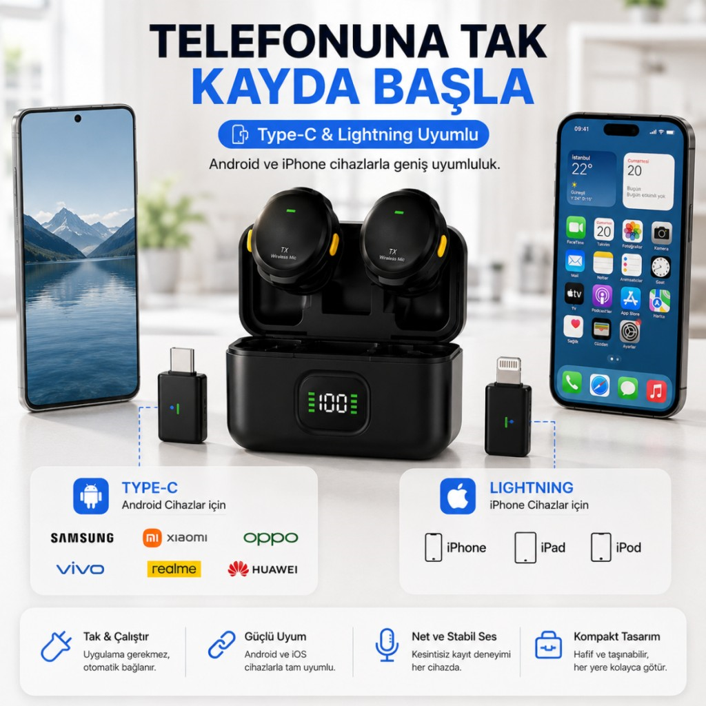 Polham Kablosuz Yaka Mikrofonu | 2.4GHz Gürültü Engelleme | 100 Metre Çekim | Şarj Kutulu | Type-C & Lightning