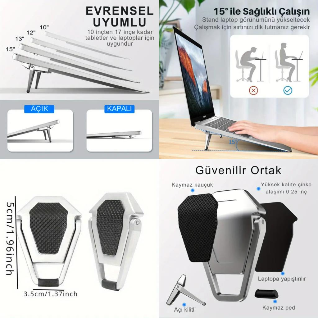 Polham Kaymaz Metal 2 adet 5MM 3M Yapışkanlı Katlanabilir Ultra Mini Laptop Standı,Portatif Taşınabilir