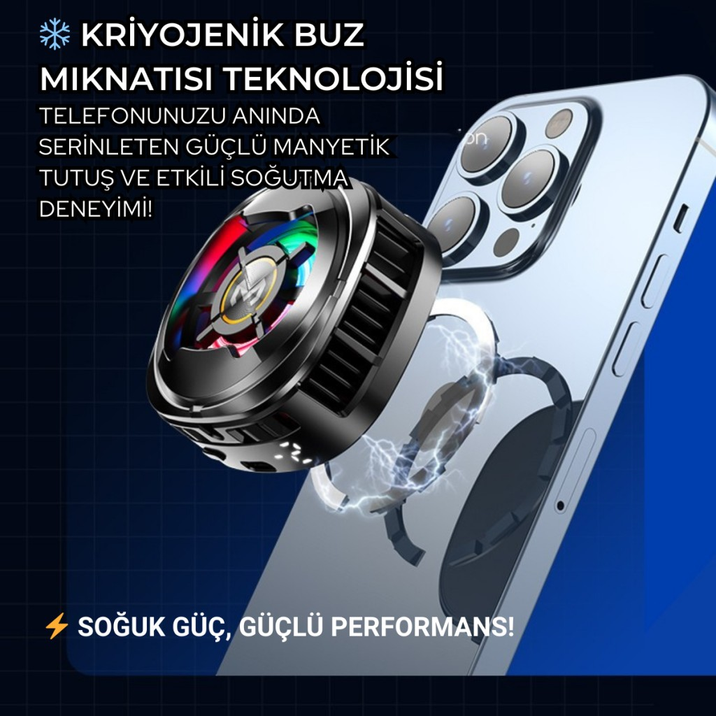 Polham MagSafe Uyumlu Telefon Soğutucu – Dijital Isı Göstergeli, RGB LED Işıklı, Turbo Fanlı 6000 RPM, Klipsli Tutucu