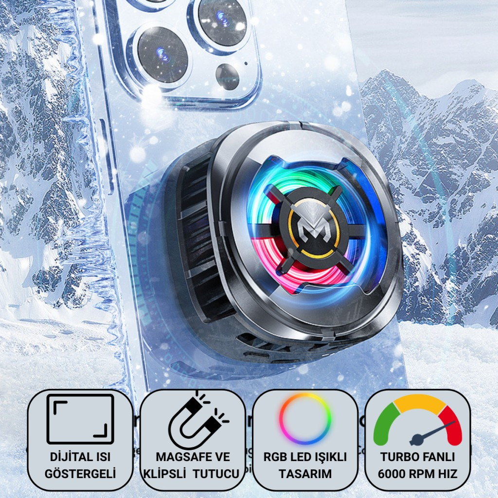 Polham MagSafe Uyumlu Telefon Soğutucu – Dijital Isı Göstergeli, RGB LED Işıklı, Turbo Fanlı 6000 RPM, Klipsli Tutucu
