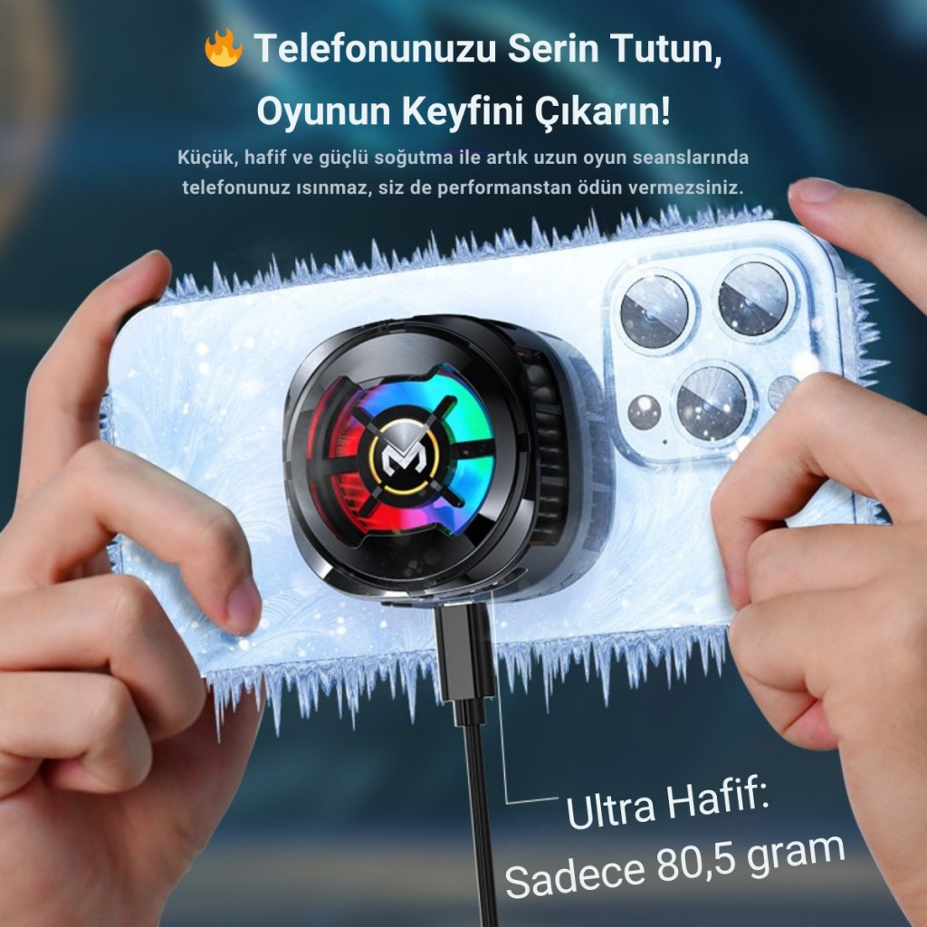 Polham MagSafe Uyumlu Telefon Soğutucu – Dijital Isı Göstergeli, RGB LED Işıklı, Turbo Fanlı 6000 RPM, Klipsli Tutucu