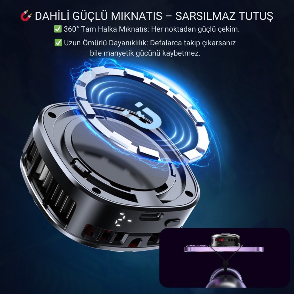 Polham MagSafe Uyumlu Telefon Soğutucu – Dijital Isı Göstergeli, RGB LED Işıklı, Turbo Fanlı 6000 RPM, Klipsli Tutucu
