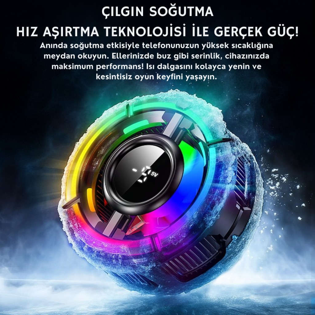 Polham Magsafe ve Klipsli RGB LED Süper Soğutucu | 6000RPM Ultra Hızlı Fan | Dijital Ekranlı Isı Göstergeli