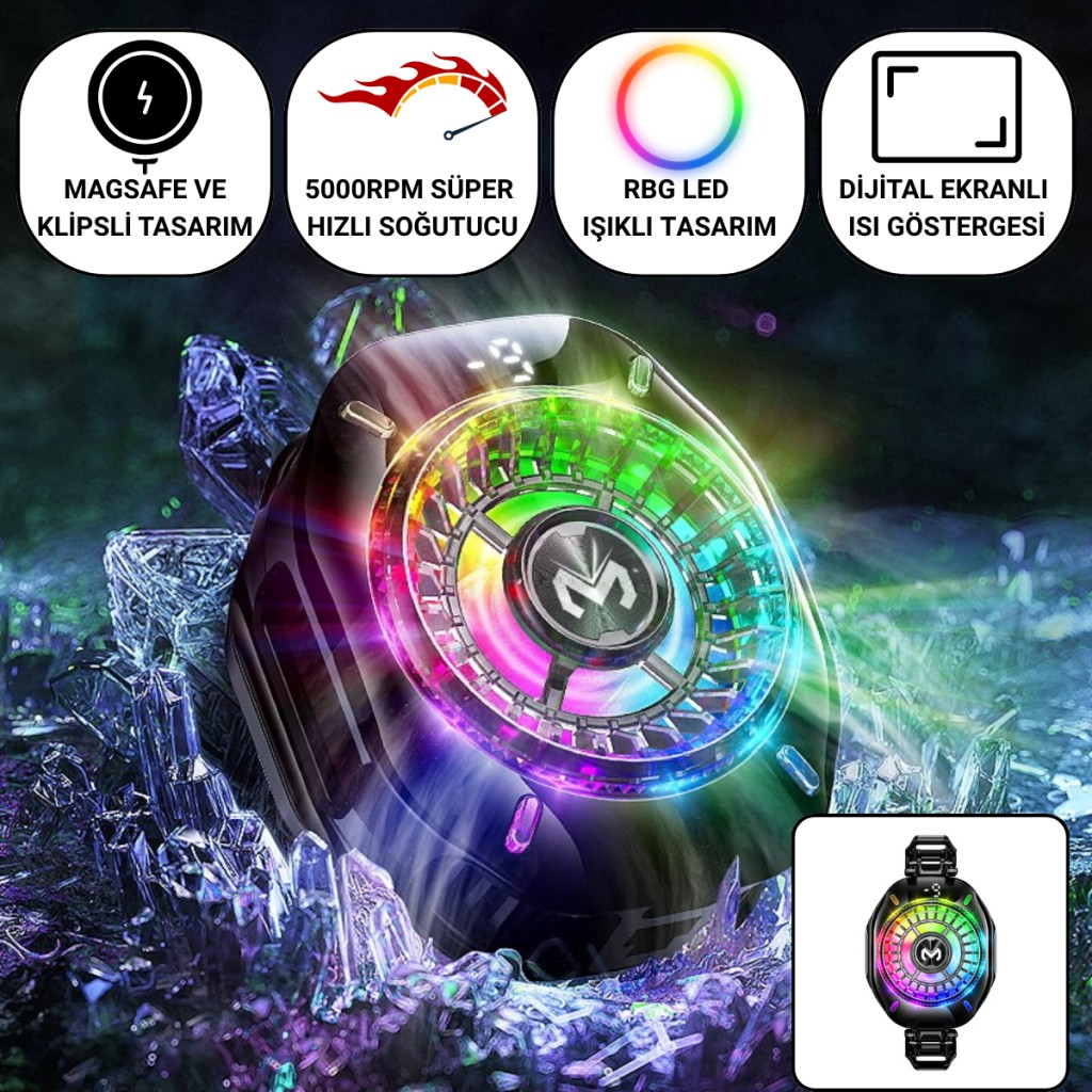 Polham MagSafe ve Klipsli Süper Hızlı Telefon Soğutucu | 5000RPM, RGB LED, Dijital Isı Göstergeli