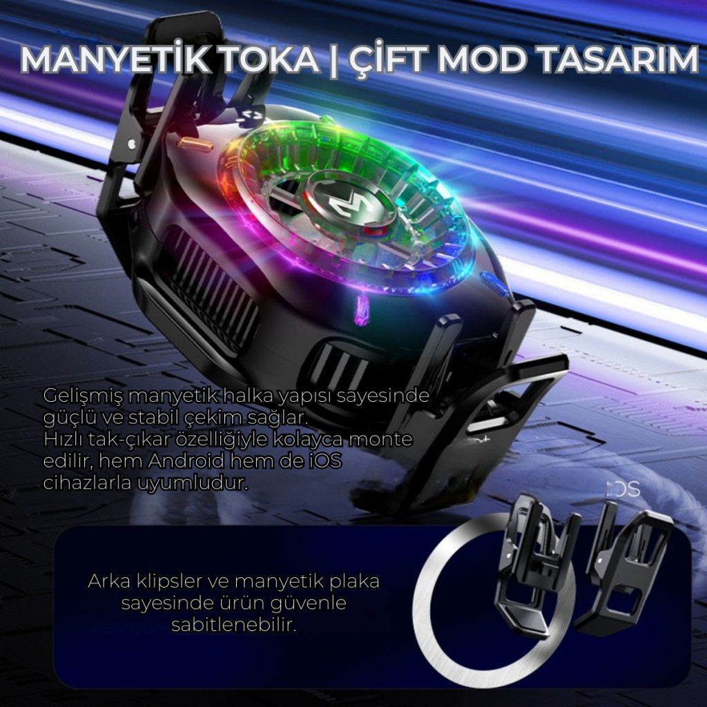 Polham MagSafe ve Klipsli Süper Hızlı Telefon Soğutucu | 5000RPM, RGB LED, Dijital Isı Göstergeli