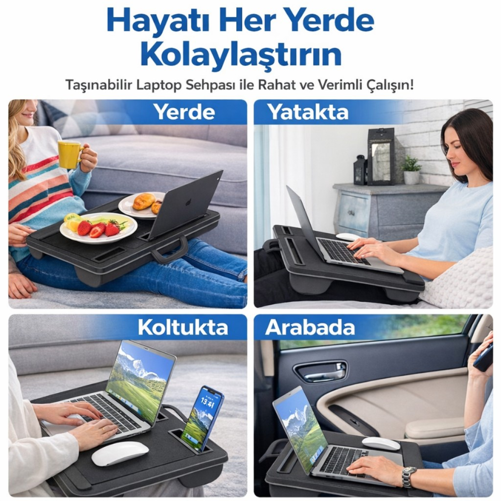 Polham Minderli Bilek Destekli Telefon Tutuculu Mouse Padli Taşınabilir Laptop Masası – Dizüstü Çalışma Sehpası