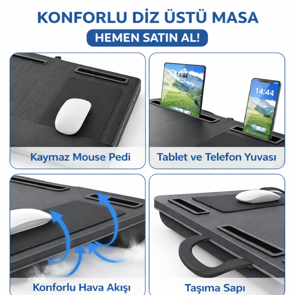 Polham Minderli Bilek Destekli Telefon Tutuculu Mouse Padli Taşınabilir Laptop Masası – Dizüstü Çalışma Sehpası