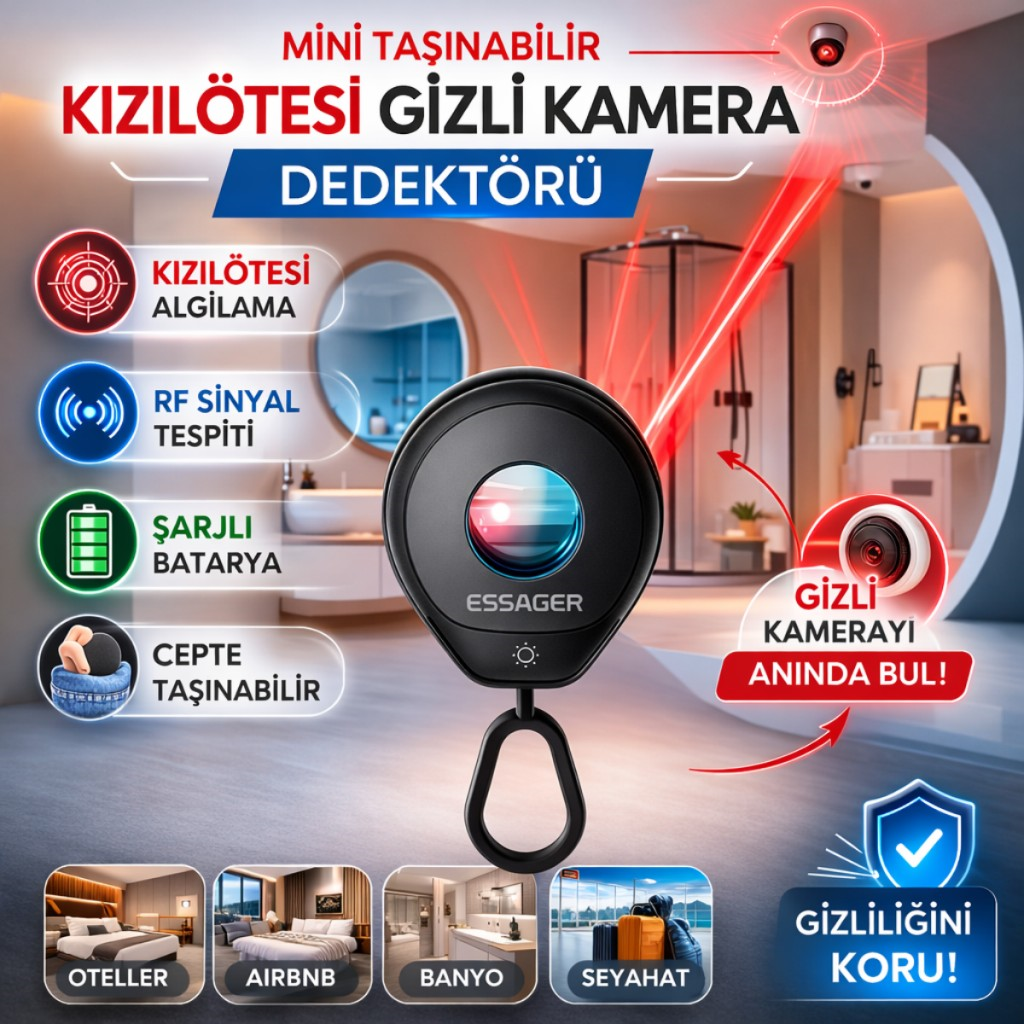 Polham Mini Taşınabilir Kızılötesi Kamera Dedektörü | RF Sinyal Tespiti | Şarjlı | Otel, Airbnb Güvenlik Cihazı