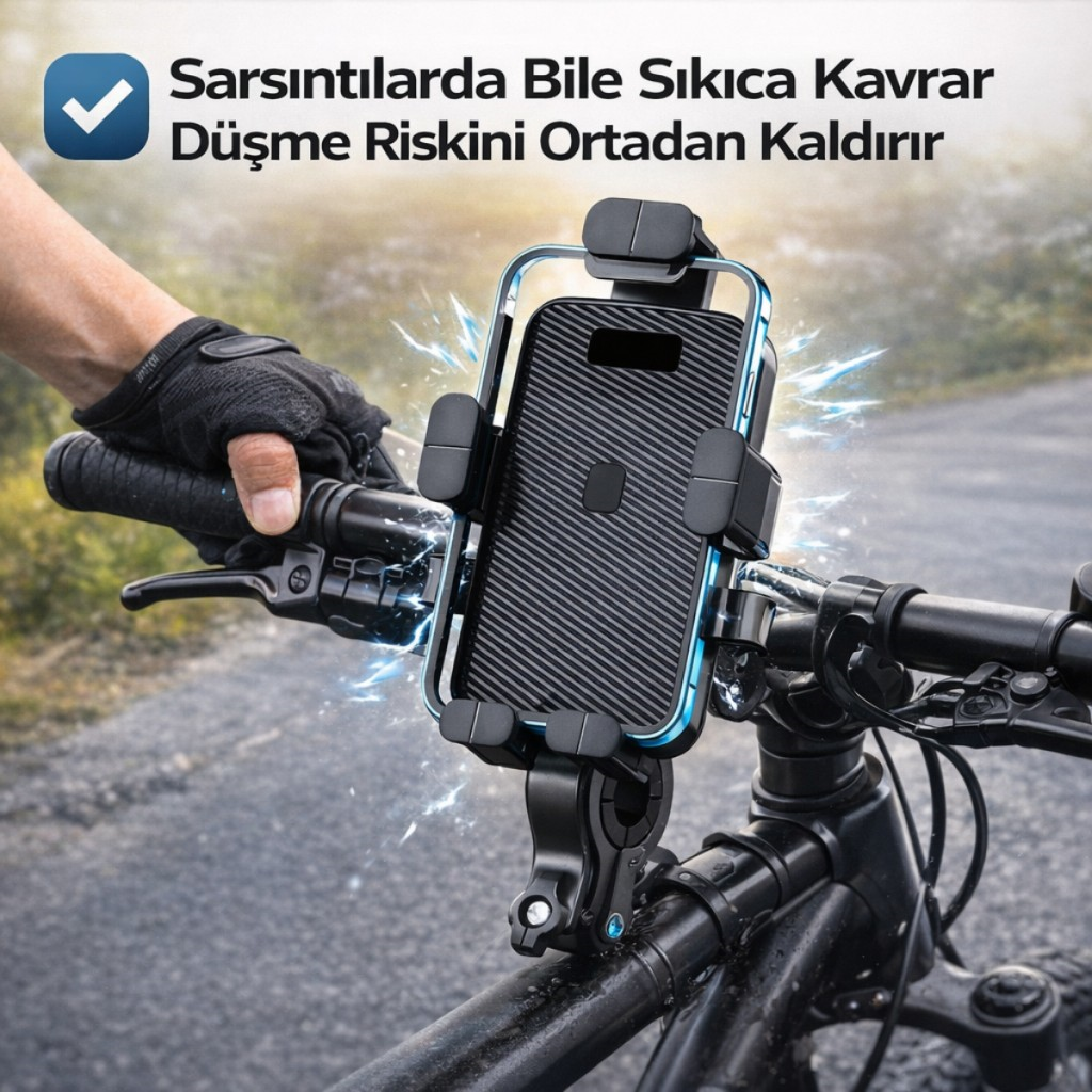 Polham Otomatik Kilit Sistemli Sarsılmaz Düşmez Gidon Uyumlu Bisiklet, Motosiklet Telefon Tutucu 